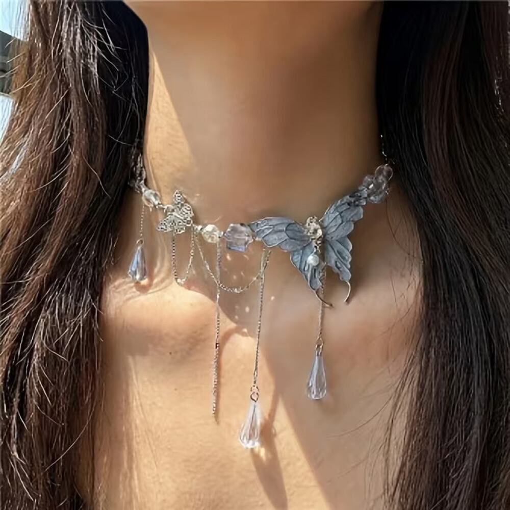 Blue Butterfly Necklace Fairycore Crystal Beaded Silver Tone Dangle Choker
